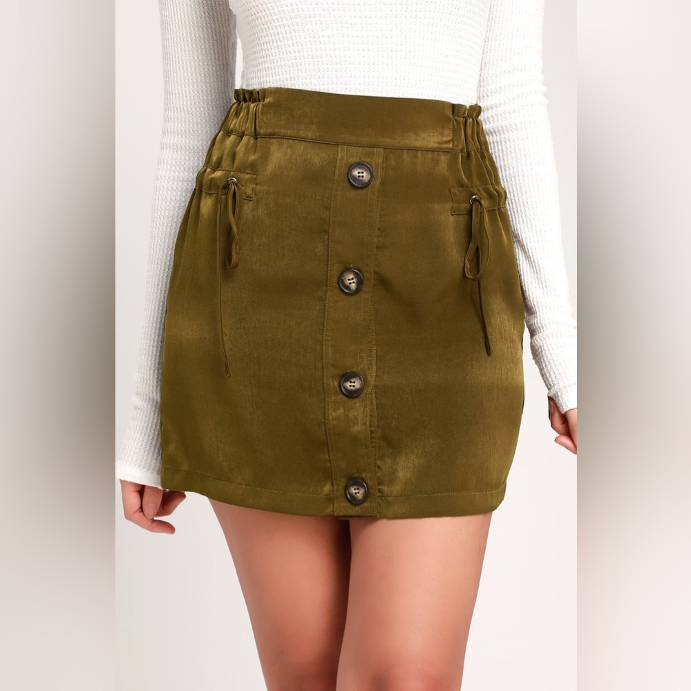 Sessaly Olive Green Satin Button-Front Mini Skirt